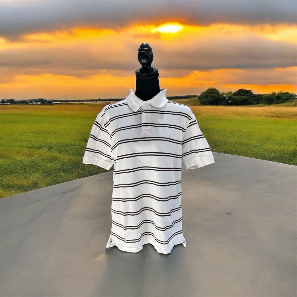 Roundtree & Yorke Men's L White Striped Slim Fit Polo Shirt Short Sleeve Cotton